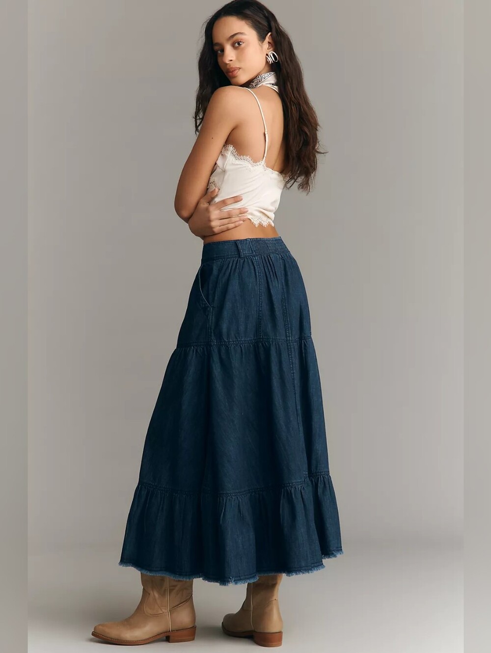 Pilcro 100% Cotton Dark Indigo Tiered Denim Maxi Skirt Size M - Picture 2 of 14